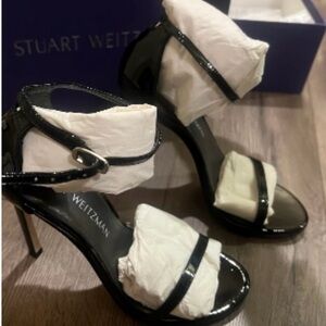 Stuart Weitzman Black Patent Leather Ankle-Strap Sandals